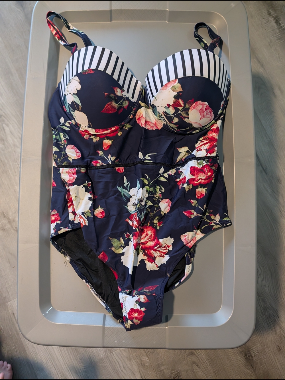 Cupshe Navy Floral One-Piece Swimsuit with Red & White Blooms